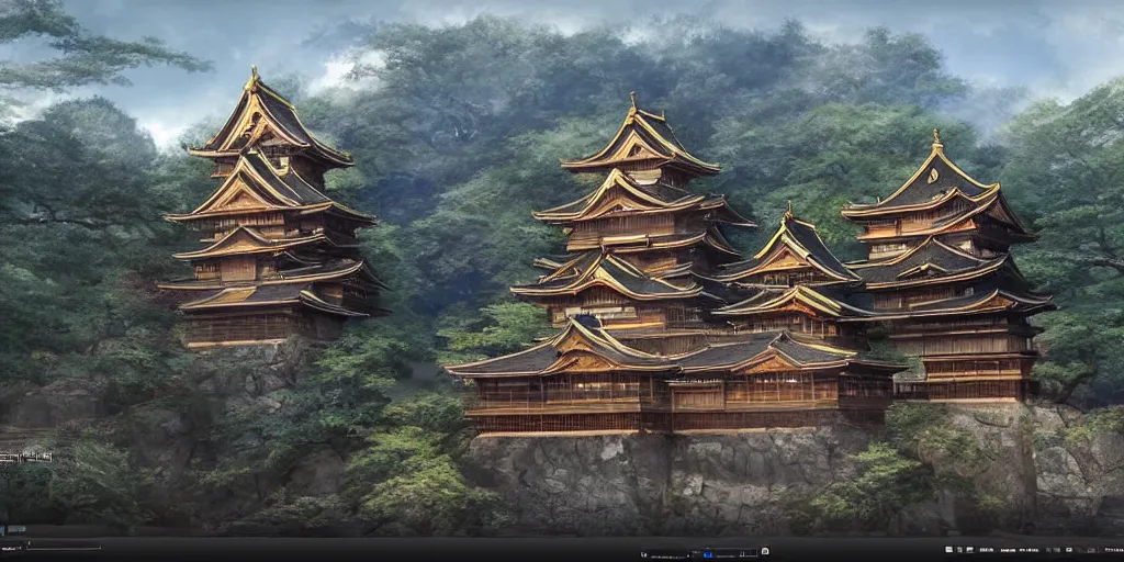 Image similar to A beautiful, perfect, impressive, amazing concept art digital CG painting of a japanese castle, trending on ArtStation, Unreal Engine