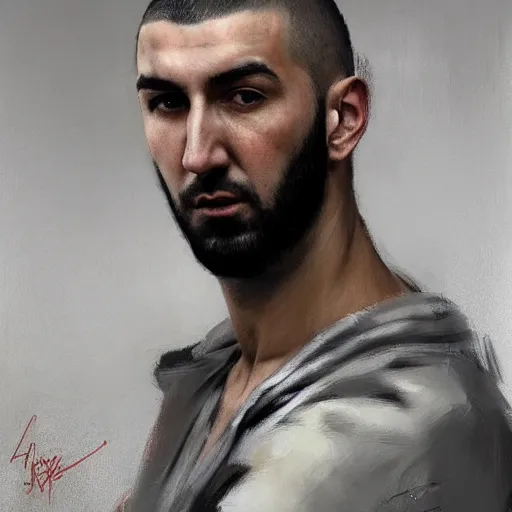 Prompt: A realistic hyperdetailed wide-shot digital oil portrait painting of an benzema in the style of Guy Denning, Ruan Jia, and Craig Mullins. Trending on ArtStation, DeviantArt, and Instagram. CGSociety Digital art. benzema.