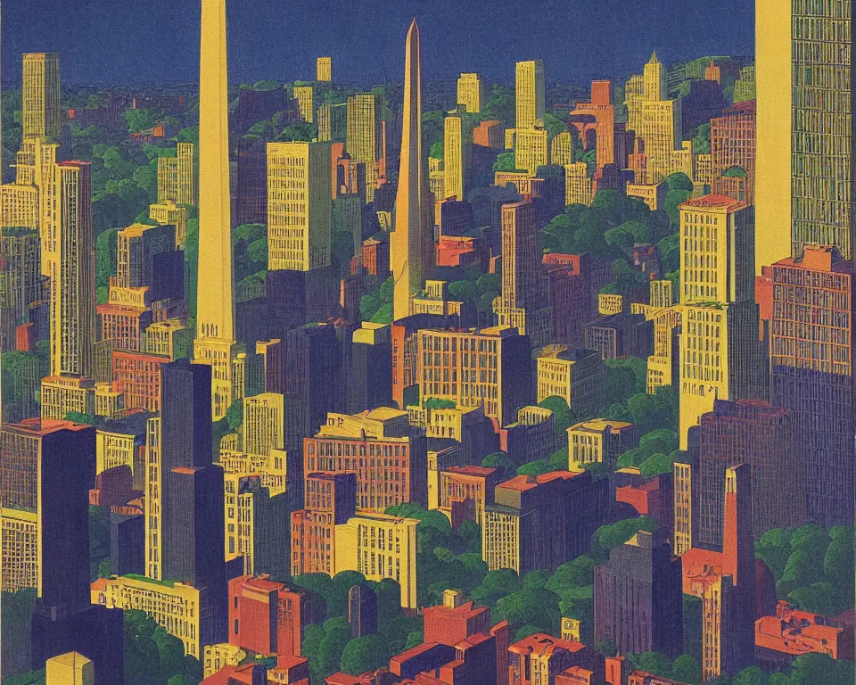 Image similar to resplendent art deco print of Washington, DC by Hasui Kawase and Lyonel Feininger
