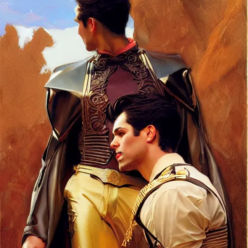 Image similar to attractive fully clothed king confesses his love for his attractive fully clothed male prince. highly detailed painting by j. c. leyendecker, craig mullins, gaston bussiere, mark brooks