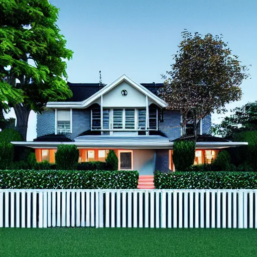 Prompt: retrofuturist house, lawn, trees, white picket fence, realistc octane render, depth of field, soft lighting, 8k