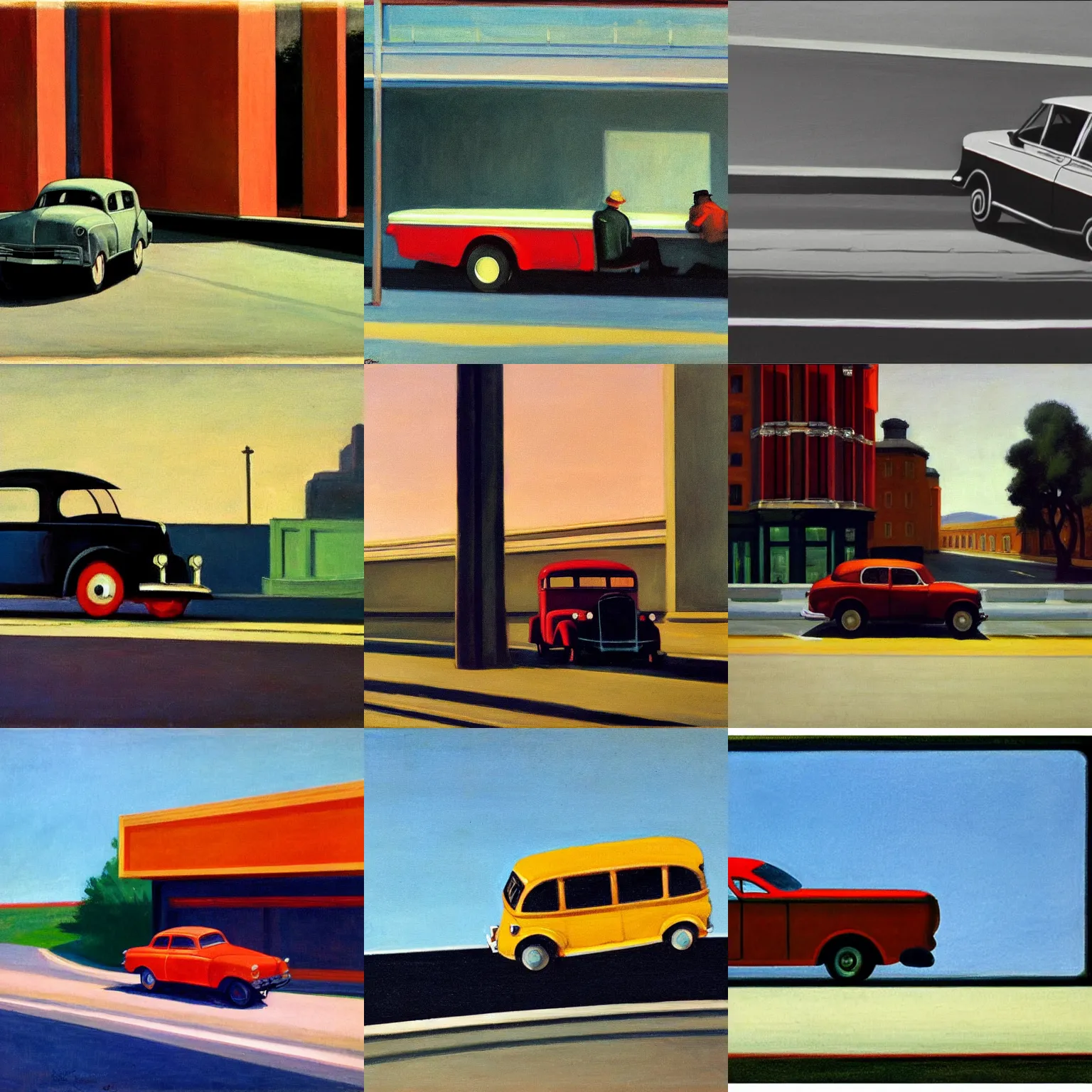 Prompt: car on highway in the style of edward hopper