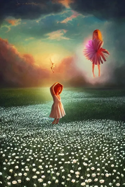 Image similar to giant white daisy flower as face, girl dancing in a flower field, surreal photography, sunrise, dramatic light, impressionist painting, colorful clouds, digital painting, artstation, simon stalenhag