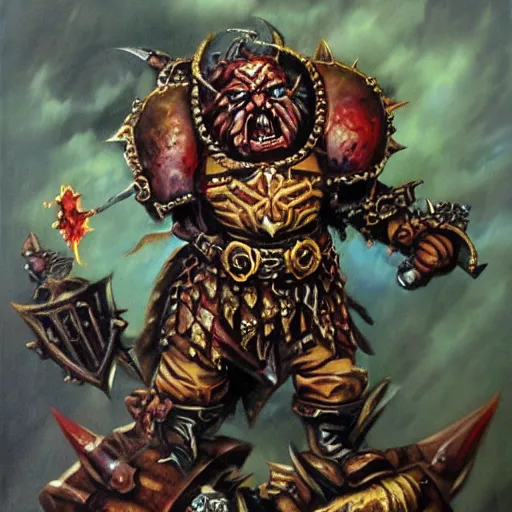 Image similar to chaos dwarf smith in the style of warhammer fantasy : : head and torso oil painting