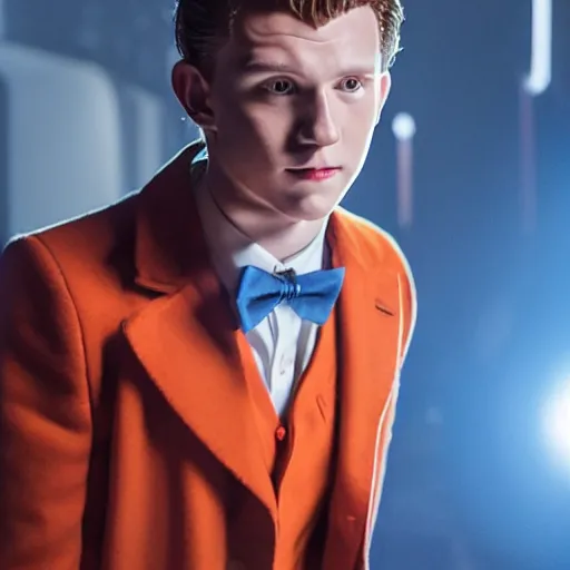 Image similar to tom holland with a beard in a dark blue trenchcoat with an orange bowtie as the new doctor who, cinematic, volumetric lighting, f 8 aperture, cinematic eastman 5 3 8 4 film, photorealistic