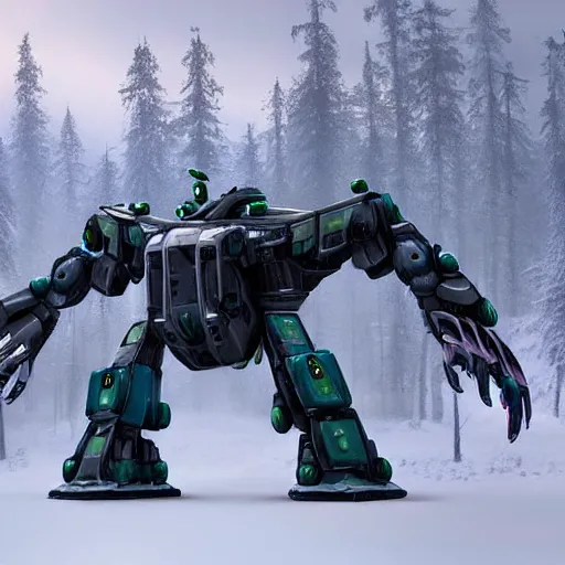 Prompt: futuristic colossal mech travels across a swedish forest in the winter photograph trending on artstation