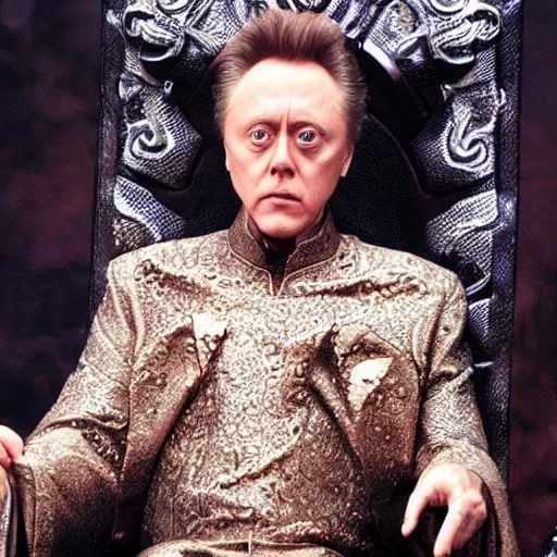 Image similar to Christopher Walken as a menacing space emperor seated on an ostentatious throne