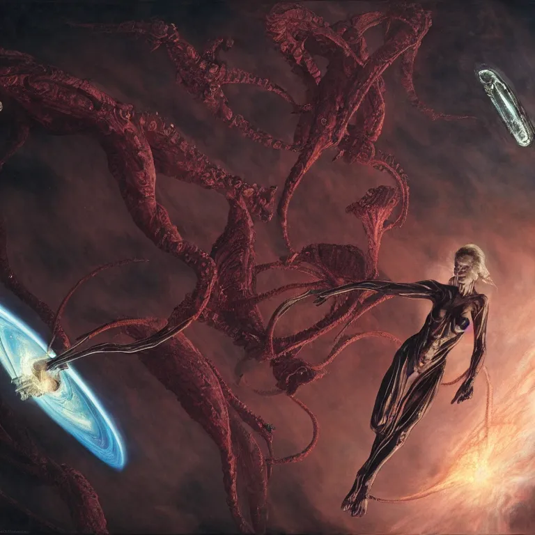 Prompt: still frame from Prometheus movie, succubus queen goddess flying through chaos nebula by wayne barlowe by caravaggio by giger by malczewski, 4k wallpaper
