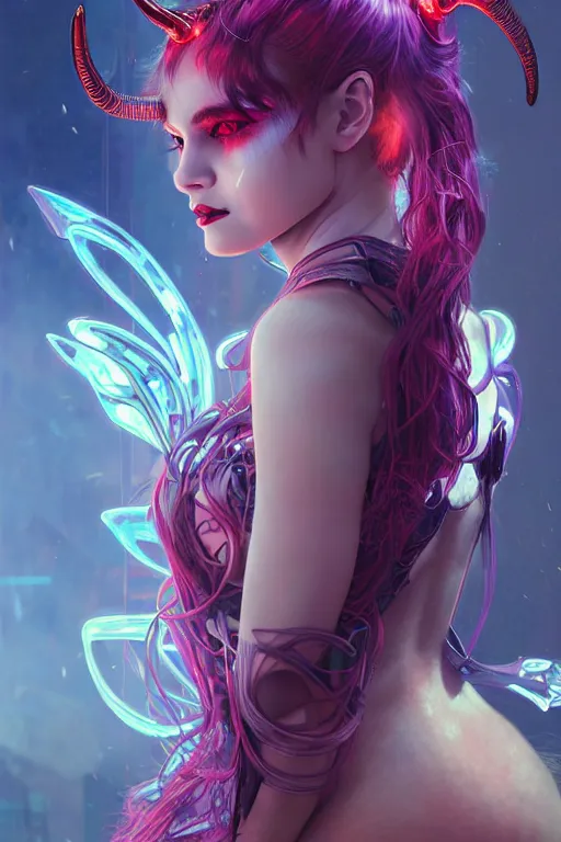 Image similar to portrait futuristic Devil Girl with horns and wings, in future cyberpunk tokyo rooftop , ssci-fi, fantasy, intricate, very very beautiful, elegant, human anatomy, neon light, highly detailed, digital painting, artstation, concept art, smooth, sharp focus, illustration, art by tian zi and WLOP and alphonse mucha