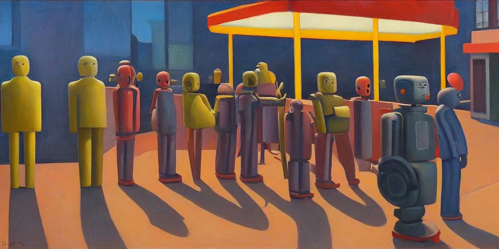 Prompt: robots queue up for ice cream, grant wood, pj crook, edward hopper, oil on canvas