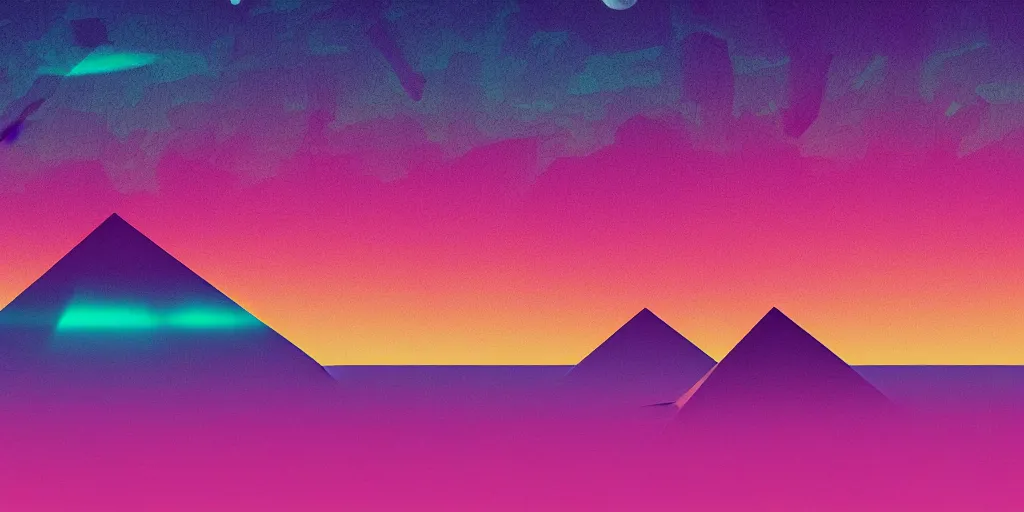 Image similar to purple digital desert, dawn, man in holographic coat, pyramids on the horizon, abstract holographic pastel, 1 9 8 0 s retro futuristic art, synthwave, vaporwave style