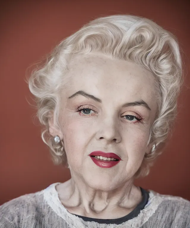 Prompt: dslr photo portrait still of 1 0 year old age 1 0 0 marilyn monroe at age 3 5!!!, 8 5 mm f 1. 8