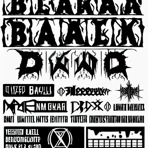 Image similar to black metal concert flyer, black metal logos, unreadable, 3 band lineup, local bar, d. i. y. venue