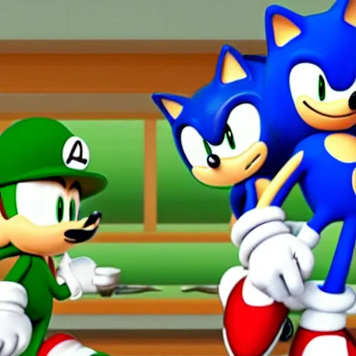 Image similar to sonic and luigi in a restaurant