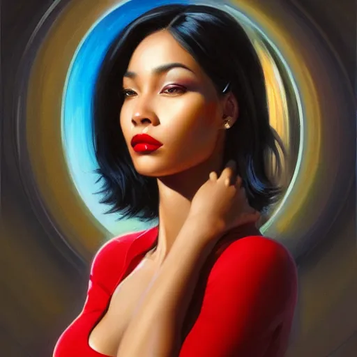 Image similar to a portrait of a very WOC beautiful woman in a spacesuit, brown eyes, shoulder-length black hair, red lips, bored, illustration, soft lighting, soft details, painting oil on canvas by mark arian by artgerm, trending on artstation, 4k, 8k, HD