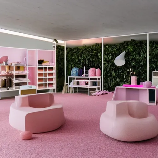 Prompt: An ultra high definition, professional photograph of an IKEA showroom located on a pastel pink beach ((with pastel pink, dimpled sand where every item is pastel pink. The sun can be seen rising through a window in the showroom.)) The showroom unit is outdoors and the floor is made of dimpled sand. Morning time indirect lighting with on location production lighting on the showroom. In the style of wallpaper magazine, Wes Anderson.