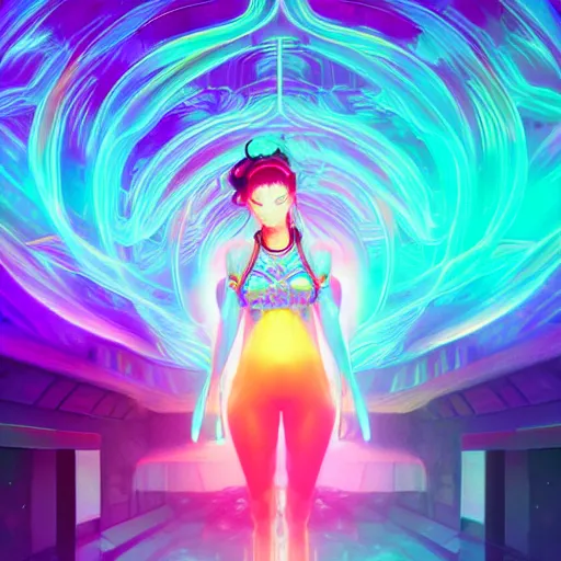 Prompt: long Shot of psychedelic Chun-Li standing in mysterious chromatic astral temple , stylish, lsd, soft, trending on artstation, cinematic, artwork by WLOP