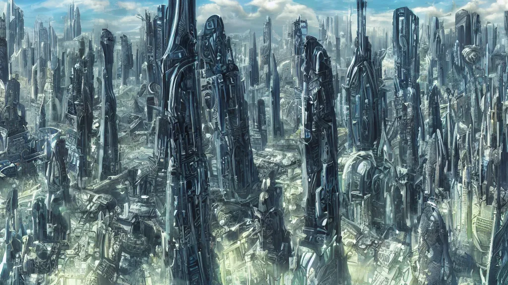 Image similar to a futuristic sci - fi city skyline's in the style of atlantis : the lost empire ( 2 0 0 1 )