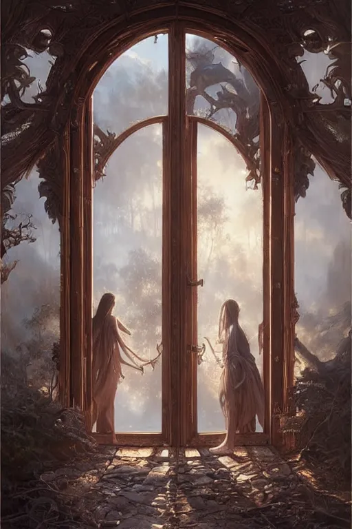 Image similar to large rustic intricately decorated wooden double door, metal handles, a view to a fantasy world, ethereal back light, mist, coherent composition, fantasy painting by artgerm, greg rutkowski, noriyoshi ohrai, yuumei