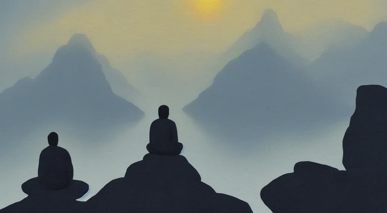 Image similar to anderson debernardi painted style a one silhouette of a meditating monk sitting in the fog on a stone protruding from the water in the rays of the morning sun