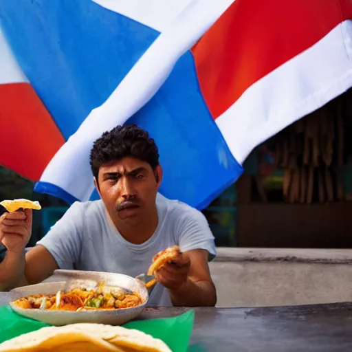 Prompt: 4 3 9 / 5, 0 0 0 resultados de traduccion epic masterpiece of cinematographic hyperrealism where a mexican appears eating a taco in the background you can see the raised blue flag and a horizontal white stripe in the horizontal center