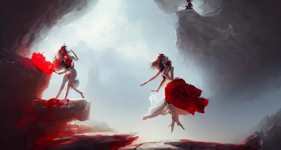 Image similar to a young girl in a white dress falling down a hole with a warping black and red checkerboard pattern by peter mohrbacher, vivid colors, matte painting, 8K, concept art, mystical color scheme, trending on artstation