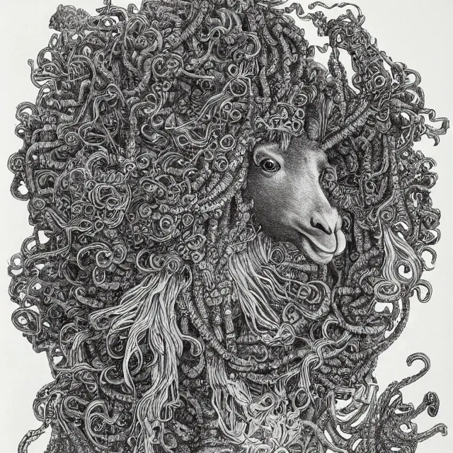 Prompt: llama with dreadlocks, otomo katsuhiro, ernst haeckel, james jean