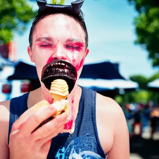 Image similar to xenomorph eating ice cream on a hot sunny day, photography