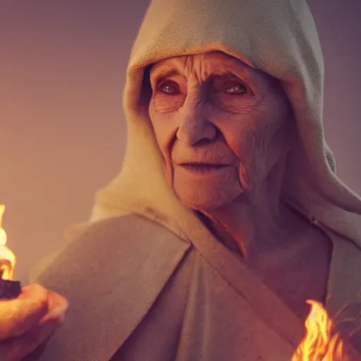 Prompt: a film still of an elderly woman wearing a hood and robe of multiple layers of drab colored torn linen, she’s wearing a necklace made of string and cable with golden rings and coins intertwined, lit by campfire, smoky, haze, film grain, cinematic moody, artstation, concept art, filmic