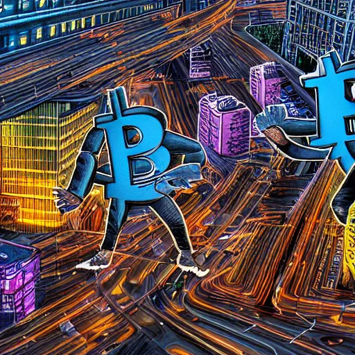 Image similar to bunch of people running away from a bitcoin giant in the city, hyper detailed, hdr, 8 k, bright colors