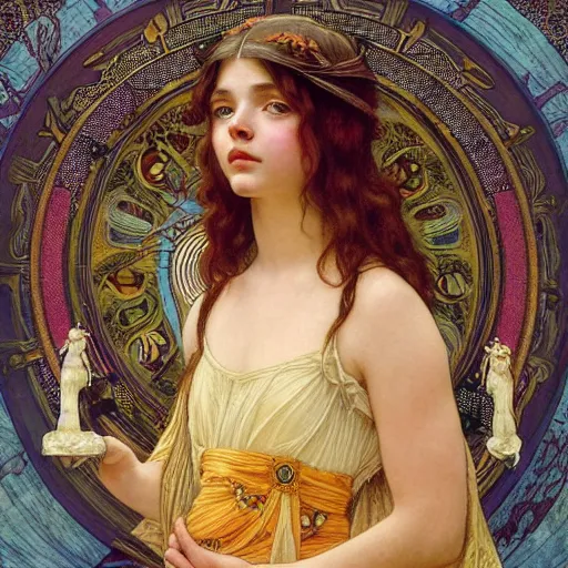 Image similar to detailed portrait art nouveau painting of the goddess of the sun, backlit, who resembles Anya Taylor Joy, Chloe Grace Moretz, and Emma Watson with anxious, piercing eyes, by Alphonse Mucha, Michael Whelan, William Adolphe Bouguereau, John Williams Waterhouse, and Donato Giancola