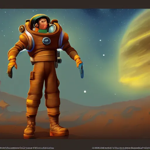 Image similar to stylized explorer character design in 3D in front of a space golden landscape, treasure planet by disney, highly detailed, digital painting, artstation, concept art, illustration, 4k