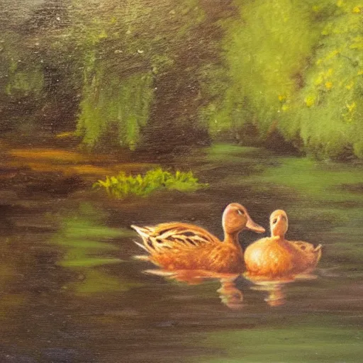 Prompt: a beautiful oil painting of two ducks in a pond