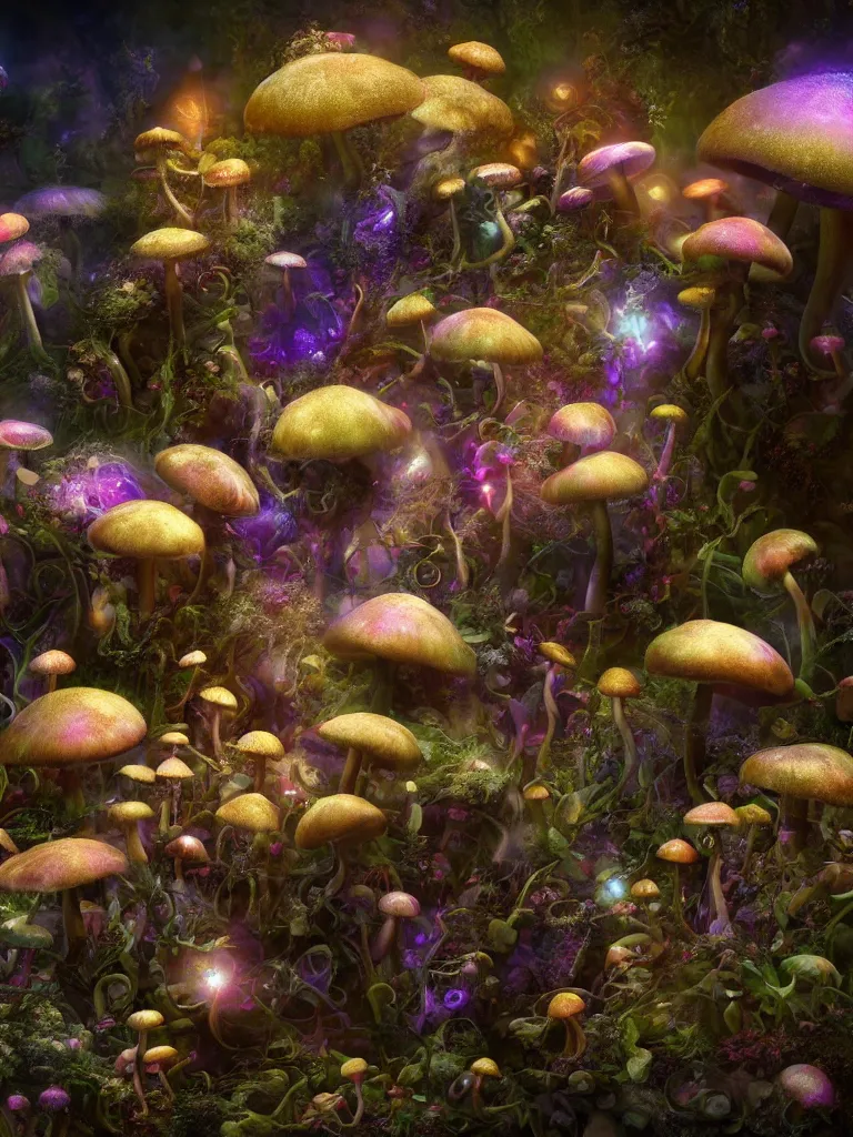 Image similar to fairy's dance in delight around a complex psychedelic engine creating mushrooms, by brian froud, octane render, 8 k, beautifully lit