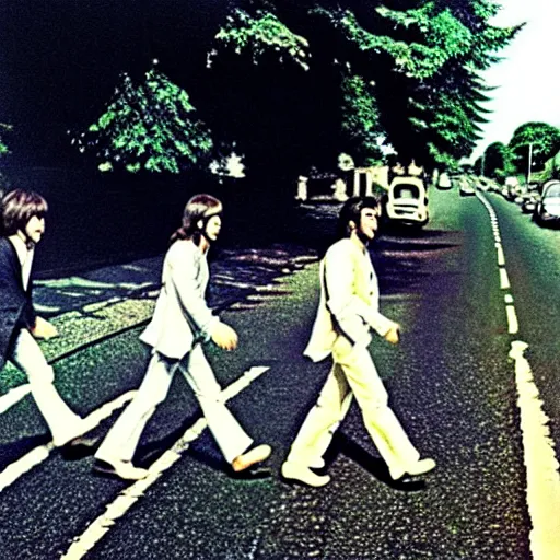 Image similar to The Beatles running across Abbey Road, 1969