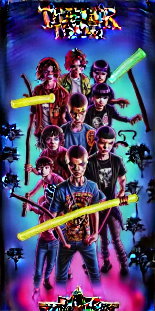 Image similar to young punk rockers fighting against zombies at the playground, by baseball bat in the retro wave stranger things style, neon colors, hyper detailed, digital art, cinematic lighting, concept art by artgerm and greg rutkowski and caravaggio and moebius and jakub rebelka, 8 k