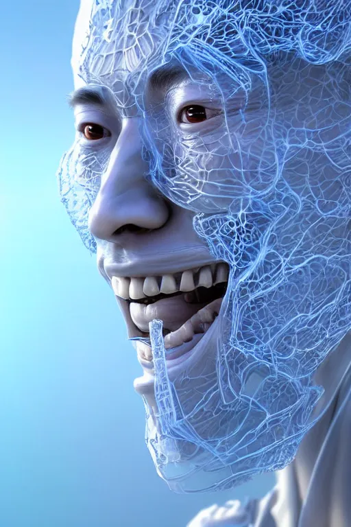 Prompt: hyperrealistic close-up translucent intricate exoskeleton!! smiling chinese man covered highly detailed concept art eric zener elson peter cinematic side soft blue light high angle hd 8k sharp shallow depth of field