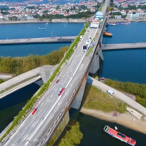 Prompt: drone image of bumper-to-bumper traffic on Tuzla Island Crimea Bridge