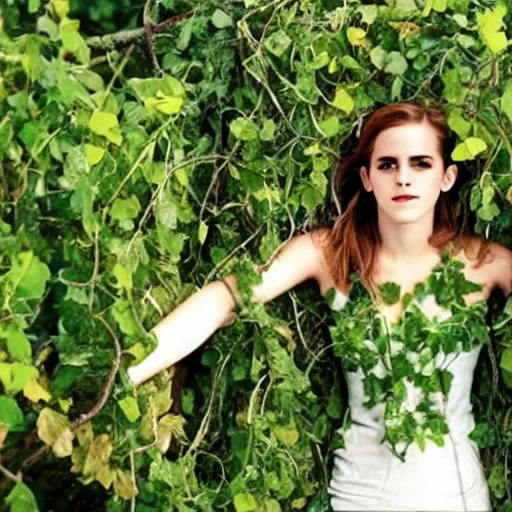 Prompt: emma watson hanging from and trapped in vines