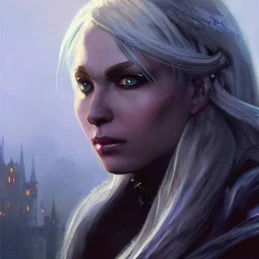 Image similar to closeup portrait of drow, dungeons and dragons character, dramatic lighting, castle background, gorgeous view, realistic, high detail, digital art, painted by greg rutkowski, painted by jeremy mann, painted by alphonse mucha, trending on artstation