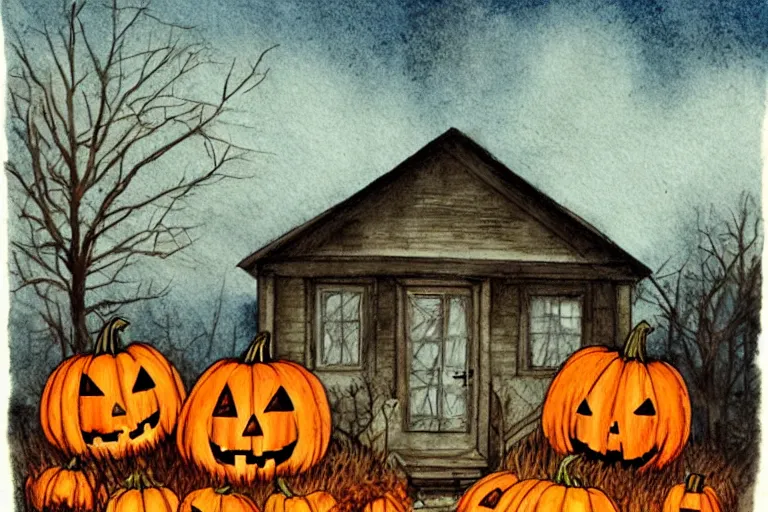 Image similar to old abandoned house on halloween night, pumpkins lit on the porch, colored pencil ink wash by scott wills and ashley wood