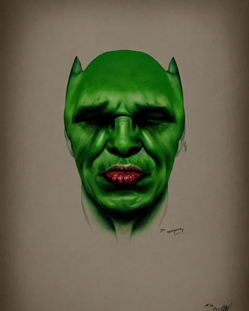 Image similar to green sad devil by peter andrew, hyperrealism