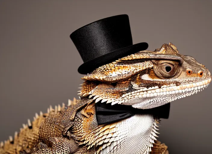 Image similar to dslr portrait still of a bearded dragon wearing a top hat and a red bowtie, 8 k 8 5 mm f 1. 4