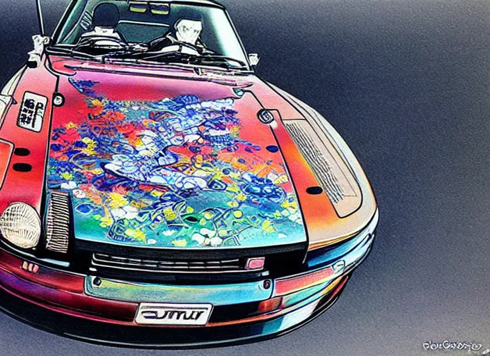 Image similar to beautiful yoshitaka amano art of a datsun fairlady roadster detailed painting