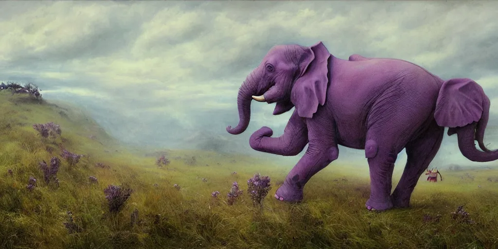 Image similar to purple coloured elephant running, raining, mountain, behind meadow, menacing, illustration, detailed, smooth, soft, cold, by Adolf Lachman, Shaun Tan, Surrealism