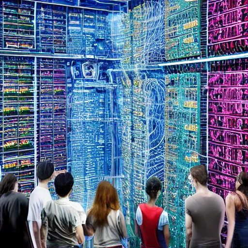 Image similar to diverse groups of humans destroying the supercomputer, from behind, rebirth, beauty, wide angle, elaborate, wet, highly detailed, colors, beautiful lighting