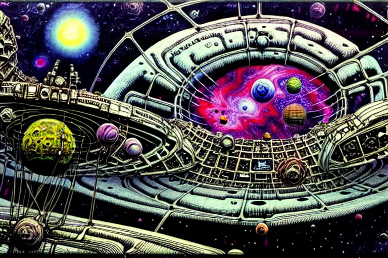 Image similar to ian miller, rotten space station, floating in psychedelic space nebula, highly detailed