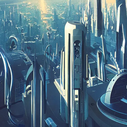 Image similar to aerial view of a science-fiction cityscape, cinematic angle, cinematic lighting, blue sky, sun in the sky, by Syd Mead, John Harris, Federico Pelat