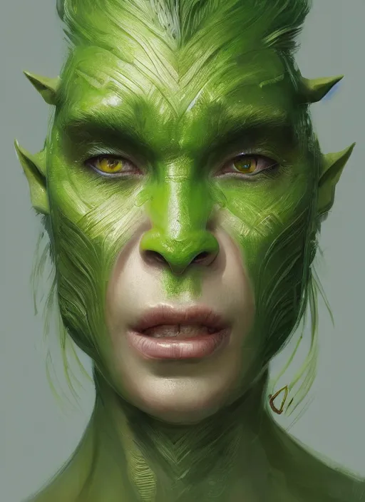Prompt: beautiful green human face orc female, portrait, vibrant green tone beautiful face, elvish, plated armor intricate, elegant, highly detailed, trending on artstation, by ilja repin by greg rutkowski, digital painting