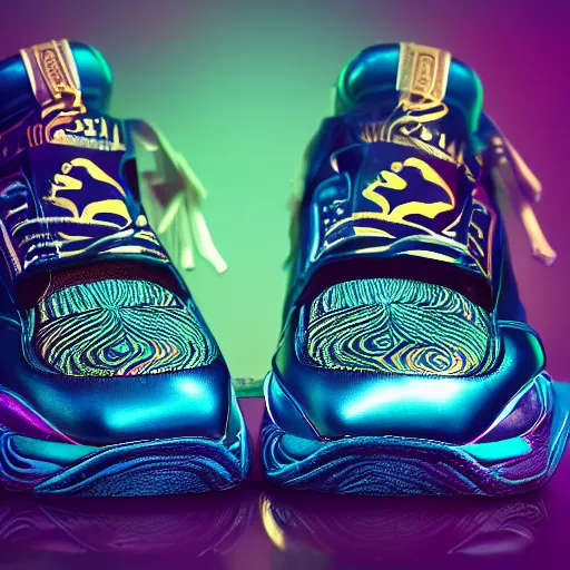 Prompt: glowwave studio photo of peacock sneakers on a dark blue background from overwatch, cinematic shot, intricate, ornate, photorealistic, ultra detailed, realistic, 1 0 0 mm, photography, octane, high definition, depth of field, bokeh, 8 k, behance, artstation